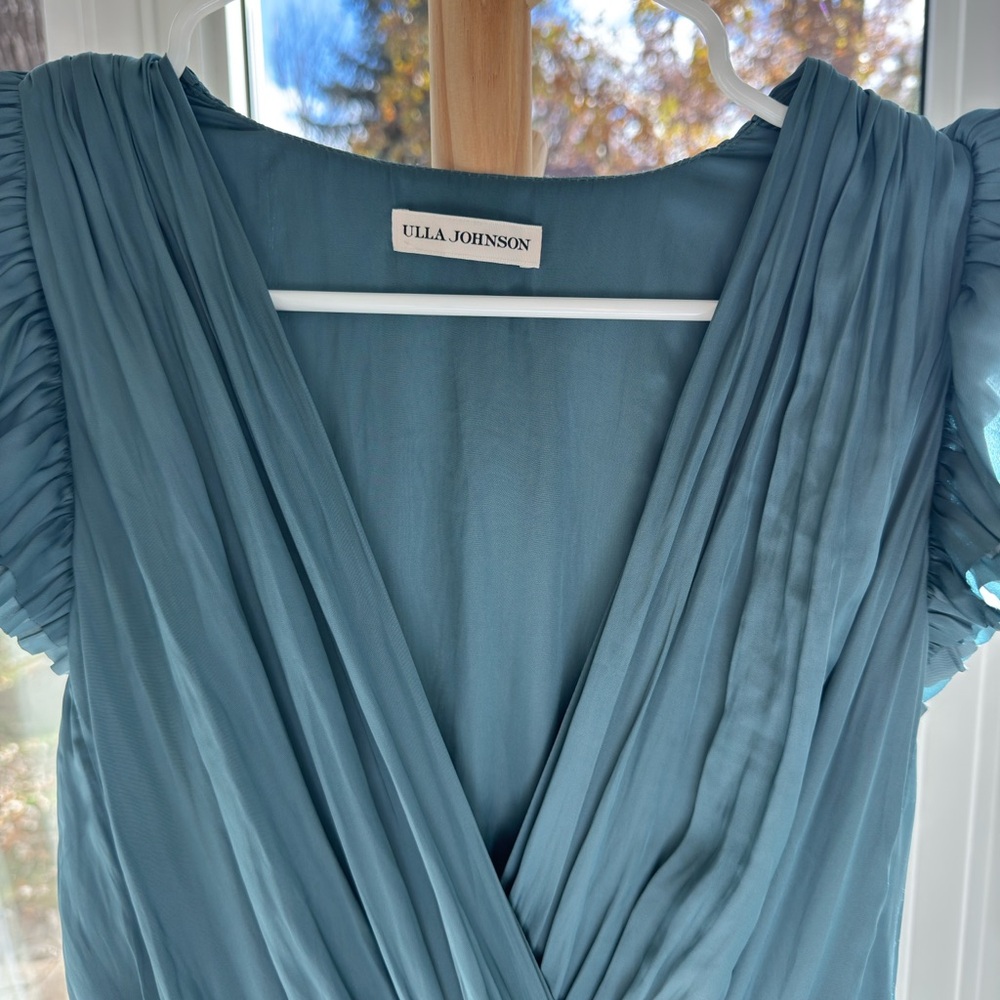Ulla Johnson Plunge Neckline Midi Dress Teal Ruffle Hem Size XS / US 2 - Picture 3 of 6